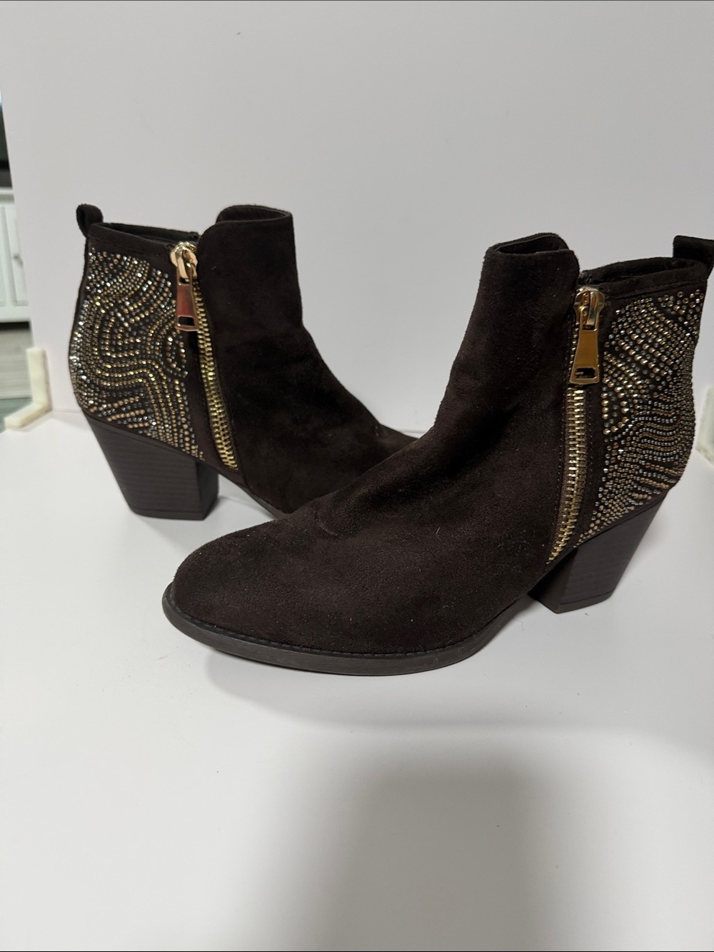 Embellished Suede Ankle Booties in Dark Brown with Gold Zip